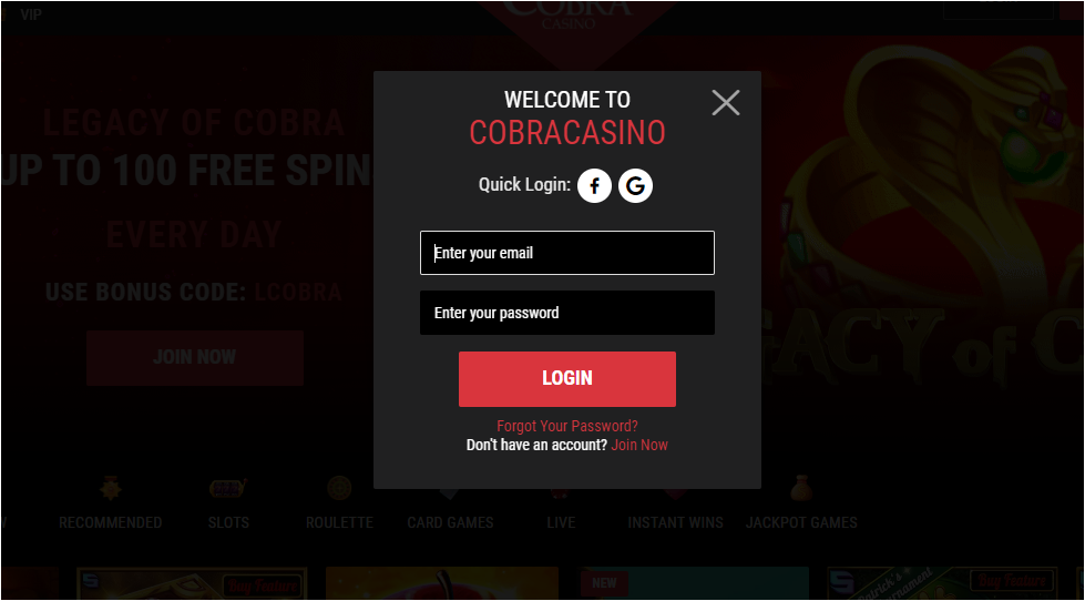 cobra casino online login or sign in form page