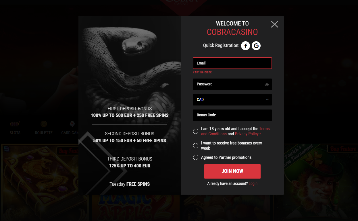 cobra casino online registration or sign up page