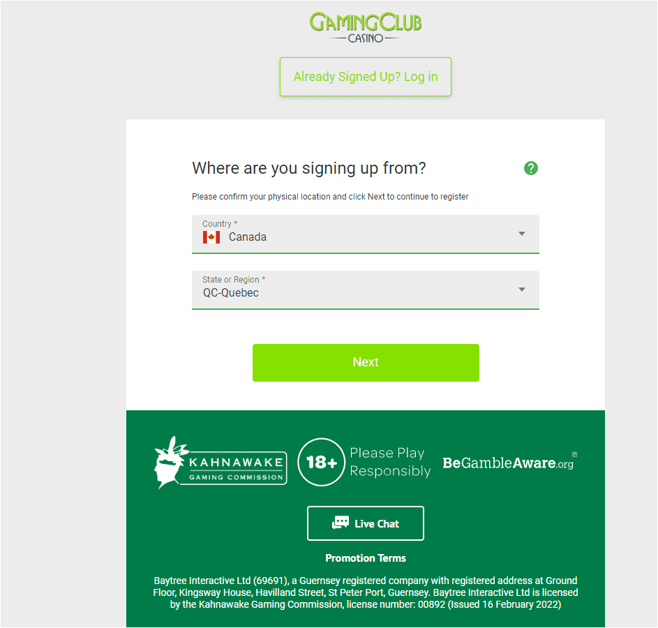 Registration page in Gaming Club Casino Canada Register an Online Casino Account and Login to Get Started