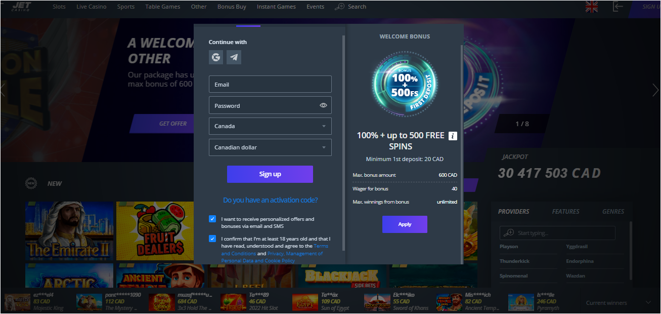 Jet Casino registration page & login account Registratin procces at Jetcasino.com