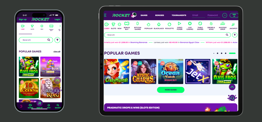 Mobile versions of RocketCasino CA Casino Online Rocket of mobile phone and tablet
